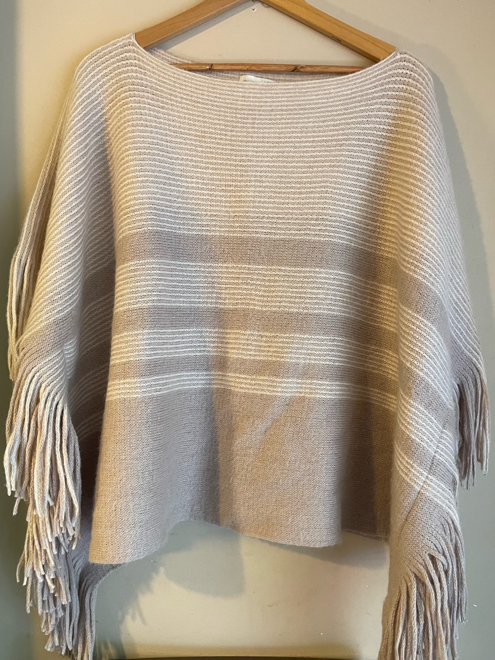 Gentle Fawn Tan White Striped Fringe Knit Poncho Sweater Boho OS GentleFawn